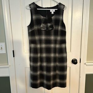 Loft 12 petite black and gray dress with zipper back and ruffle neckline.